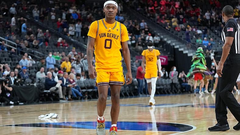 Mar 9, 2022; Las Vegas, Nevada, USA; Arizona State Sun Devils guard DJ Horne (0) walks off the court after the Stanford Cardinal defeated the Sun Devils 71-70 at T-Mobile Arena. Mandatory Credit: Stephen R. Sylvanie-USA TODAY Sports