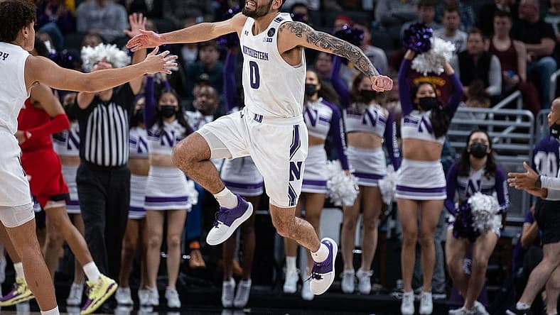 Mar 9, 2022; Indianapolis, IN, USA; Northwestern Wildcats guard Boo Buie (0) reacts to a made basket in the game against the Nebraska Cornhuskers at Gainbridge Fieldhouse. Mandatory Credit: Trevor Ruszkowski-USA TODAY Sports