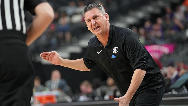 Mar 9, 2022; Las Vegas, Nevada, USA; Washington State Cougars head coach Kyle Smith argues a call during the first half against the California Golden Bears at T-Mobile Arena. Mandatory Credit: Stephen R. Sylvanie-USA TODAY Sports