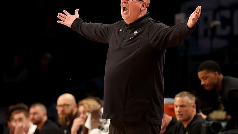 Mar 9, 2022; Brooklyn, NY, USA; Wake Forest Demon Deacons head coach Steve Forbes reacts during overtime against the Boston College Eagles at Barclays Center. Boston College defeated Wake Forest 82-77. Mandatory Credit: Brad Penner-USA TODAY Sports