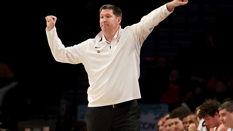 Mar 8, 2022; Brooklyn, NY, USA; Clemson Tigers head coach Brad Brownell coaches against the North Carolina State Wolfpack during the first half at Barclays Center. Mandatory Credit: Brad Penner-USA TODAY Sports