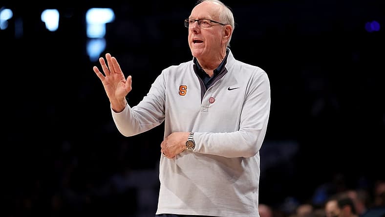 Mar 10, 2022; Brooklyn, NY, USA; Syracuse Orange head coach Jim Boeheim coaches against the Duke Blue Devils during the first half at Barclays Center. Mandatory Credit: Brad Penner-USA TODAY Sports