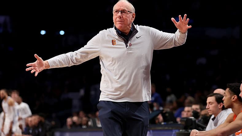Mar 10, 2022; Brooklyn, NY, USA; Syracuse Orange head coach Jim Boeheim reacts during the second half against the Duke Blue Devils at Barclays Center. Mandatory Credit: Brad Penner-USA TODAY Sports