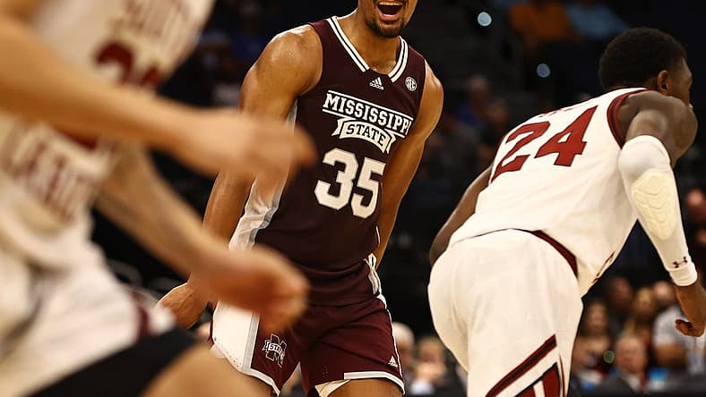 Mar 10, 2022; Tampa, FL, USA;Mississippi State Bulldogs forward Tolu Smith (35) celebrates as he makes a layup against the South Carolina Gamecocks during the second half at Amalie Arena. Mandatory Credit: Kim Klement-USA TODAY Sports