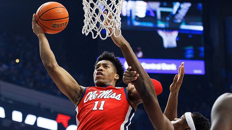 Mar 1, 2022; Lexington, Kentucky, USA; Mississippi Rebels guard Matthew Murrell (11) goes to the basket during the first half against the Kentucky Wildcats at Rupp Arena at Central Bank Center. Mandatory Credit: Jordan Prather-USA TODAY Sports