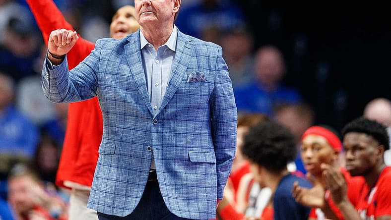 Mar 1, 2022; Lexington, Kentucky, USA; Mississippi Rebels head coach Kermit Davis celebrates during the first half against the Kentucky Wildcats at Rupp Arena at Central Bank Center. Mandatory Credit: Jordan Prather-USA TODAY Sports