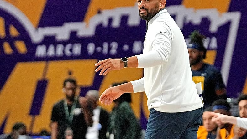 Mar 12, 2022; Norfolk, VA, USA; Coppin State Eagles head coach Juan Dixon during the second half against the Norfolk State Spartans in the MEAC Tournament Championship. Mandatory Credit: Peter Casey-USA TODAY Sports
