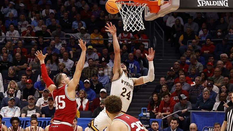 Mar 15, 2022; Dayton, OH, USA; Wyoming Cowboys guard Hunter Maldonado (24) shoots the ball in the in the first half against the Indiana Hoosiers during the First Four of the 2022 NCAA Tournament at UD Arena. Mandatory Credit: Rick Osentoski-USA TODAY Sports