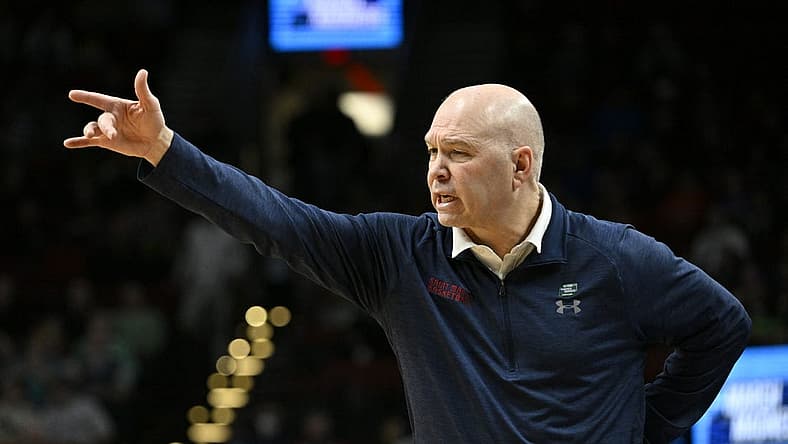 Mar 17, 2022; Portland, OR, USA; Saint Mary's Gaels head coach Randy Bennett instructs against the Indiana Hoosiers during the first half during the first round of the 2022 NCAA Tournament at Moda Center. Mandatory Credit: Troy Wayrynen-USA TODAY Sports