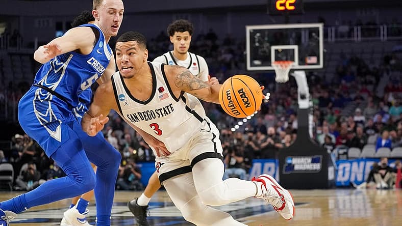 Mar 17, 2022; Fort Worth, TX, USA; San Diego State Aztecs guard Matt Bradley (3) drives to the basket past Creighton Bluejays guard Alex O'Connell (5) during the first half in the first round of the 2022 NCAA Tournament at Dickies Arena. Mandatory Credit: Chris Jones-USA TODAY Sports