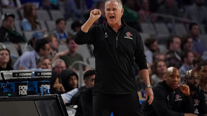 Mar 17, 2022; Fort Worth, TX, USA; San Diego State Aztecs head coach Brian Dutcher motions to his team during the first half against the Creighton Bluejays In the first round of the 2022 NCAA Tournament at Dickies Arena. Mandatory Credit: Chris Jones-USA TODAY Sports