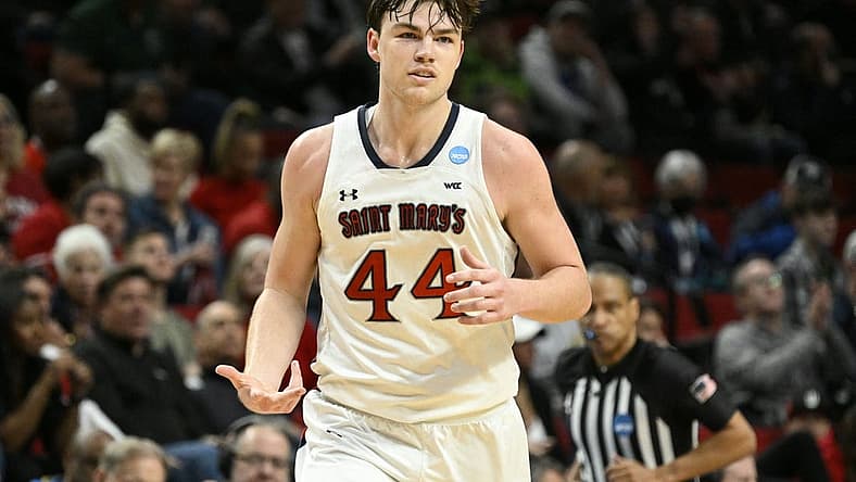Mar 17, 2022; Portland, OR, USA; Saint Mary's Gaels guard Alex Ducas (44) celebrates against the Indiana Hoosiers during the first half during the first round of the 2022 NCAA Tournament at Moda Center. Mandatory Credit: Troy Wayrynen-USA TODAY Sports
