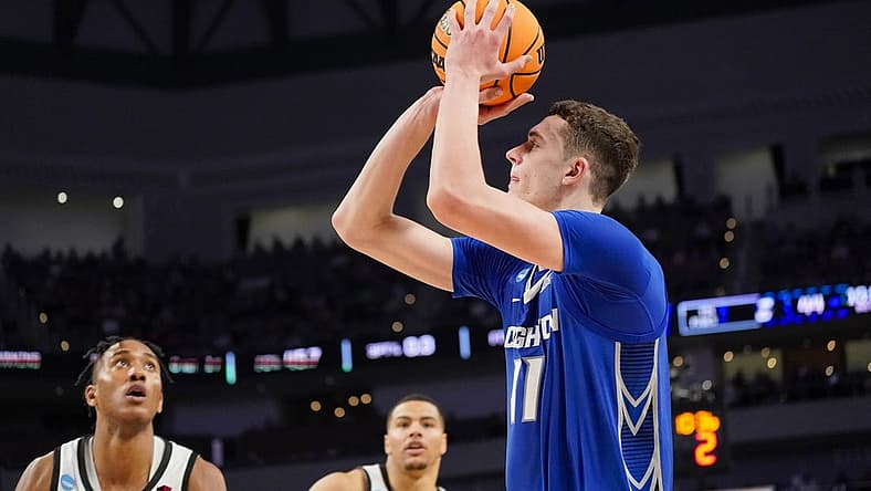 Mar 17, 2022; Fort Worth, TX, USA; Creighton Bluejays center Ryan Kalkbrenner (11) makes a jump shot against the San Diego State Aztecs during the second half in the first round of the 2022 NCAA Tournament at Dickies Arena. Mandatory Credit: Chris Jones-USA TODAY Sports