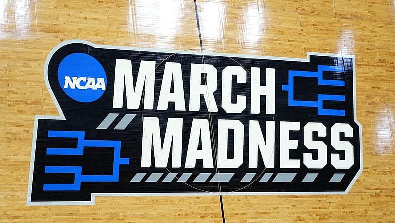 Mar 17, 2022; San Diego, CA, USA; A general view of the March Madness logo at center court before the first round of the 2022 NCAA Tournament at Viejas Arena. Mandatory Credit: Kirby Lee-USA TODAY Sports