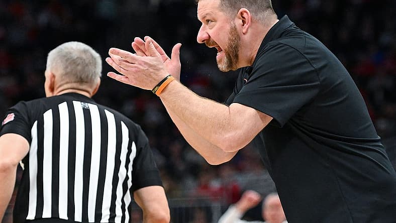 Mar 18, 2022; Milwaukee, WI, USA; Texas Longhorns head coach Chris Beard reacts during the first half against the Virginia Tech Hokies in the first round of the 2022 NCAA Tournament at Fiserv Forum. Mandatory Credit: Benny Sieu-USA TODAY Sports
