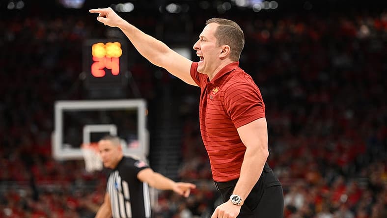 Mar 20, 2022; Milwaukee, WI, USA; Iowa State Cyclones head coach T. J. Otzelberger during the during the first half against Wisconsin Badgers in the second round of the 2022 NCAA Tournament at Fiserv Forum. Mandatory Credit: Benny Sieu-USA TODAY Sports