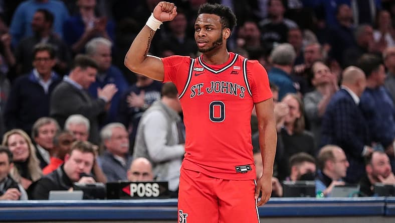 Mar 10, 2022; New York, NY, USA; St. John's Red Storm guard Posh Alexander (0) at the Big East Tournament at Madison Square Garden. Mandatory Credit: Wendell Cruz-USA TODAY Sports