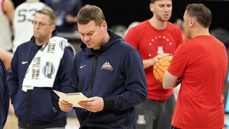 Mar 23, 2022; San Antonio, TX, USA; Arizona Wildcats head coach Tommie Lloyd during a team practice for the NCAA Tournament South Regional at AT&T Center. Mandatory Credit: Scott Wachter-USA TODAY Sports