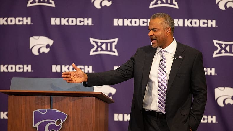 Jerome Tang, Kansas State s new men s basketball coach, speaks to a crowd gathered inside Bramlage Coliseum Thursday for his introduction press conference. Tang was assistant coach at Baylor for 19 seasons before being selected as K-State s head coach Monday.