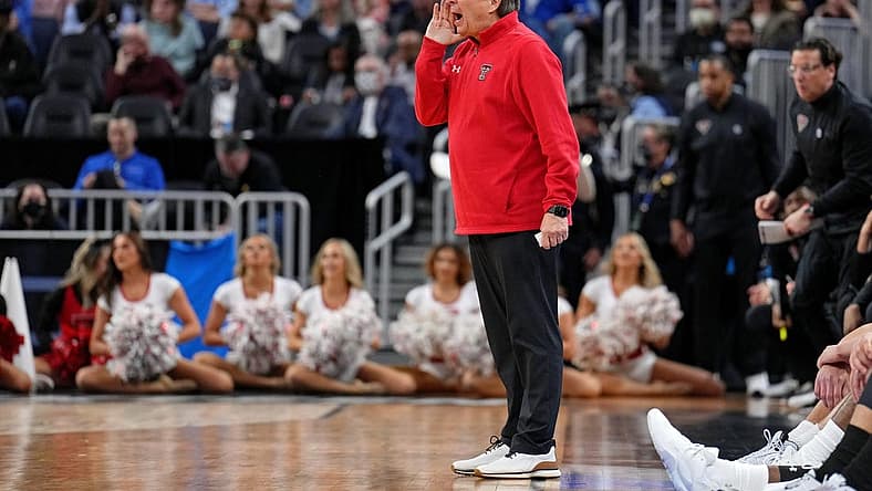 Mar 24, 2022; San Francisco, CA, USA; Texas Tech Red Raiders head coach Mark Adams instructs his team against the Duke Blue Devils during the first half in the semifinals of the West regional of the men's college basketball NCAA Tournament at Chase Center. Mandatory Credit: Kelley L Cox-USA TODAY Sports