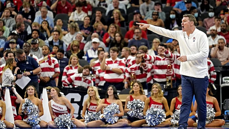 Mar 24, 2022; San Antonio, TX, USA; Arizona Wildcats head coach Tommy Lloyd reacts during the second half against the Houston Cougars in the semifinals of the South regional of the men's college basketball NCAA Tournament at AT&T Center. Mandatory Credit: Scott Wachter-USA TODAY Sports