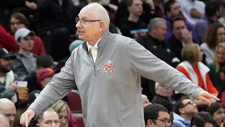 Mar 25, 2022; Chicago, IL, USA; Miami Hurricanes head coach Jim Larranaga reacts during the first half against the Iowa State Cyclones in the semifinals of the Midwest regional of the men's college basketball NCAA Tournament at United Center. Mandatory Credit: David Banks-USA TODAY Sports