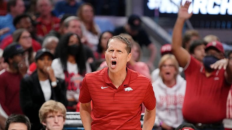 Mar 26, 2022; San Francisco, CA, USA; Arkansas Razorbacks head coach Eric Musselman reacts after a play against the Duke Blue Devils during the second half in the finals of the West regional of the men's college basketball NCAA Tournament at Chase Center. Mandatory Credit: Kyle Terada-USA TODAY Sports