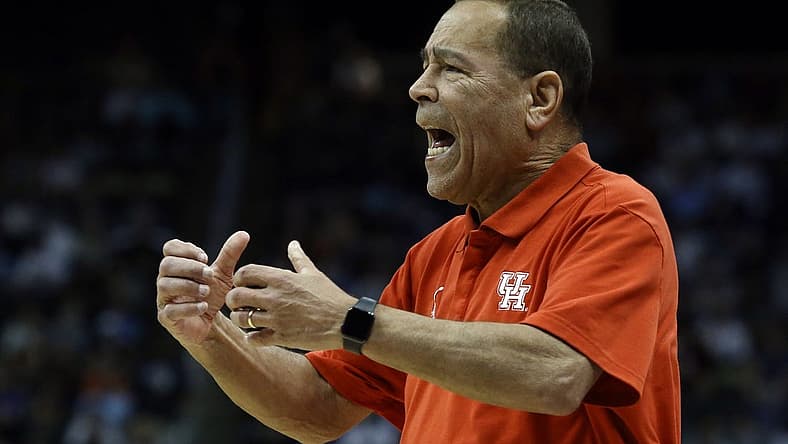 Mar 18, 2022; Pittsburgh, PA, USA; Houston Cougars head coach Kelvin Sampson reacts on the sidelines against the UAB Blazers during the first round of the 2022 NCAA Tournament at PPG Paints Arena. Mandatory Credit: Charles LeClaire-USA TODAY Sports