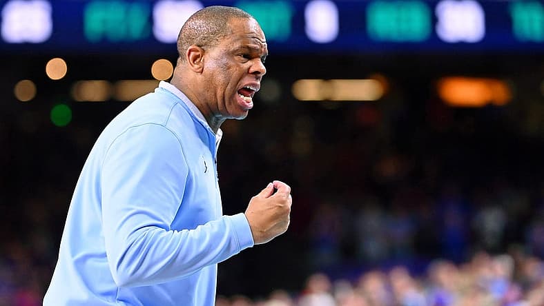 Apr 4, 2022; New Orleans, LA, USA; North Carolina Tar Heels head coach Hubert Davis reacts after a play against the Kansas Jayhawks during the second half during the 2022 NCAA men's basketball tournament Final Four championship game at Caesars Superdome. Mandatory Credit: Bob Donnan-USA TODAY Sports