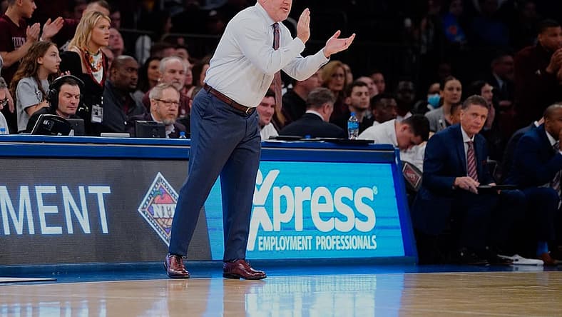 Mar 31, 2022; New York, New York, USA; Texas A&M Aggies head coach Buzz Williams claps for his players during the first half of the NIT college basketball finals against the Xavier Musketeers at Madison Square Garden. Mandatory Credit: Gregory Fisher-USA TODAY Sports