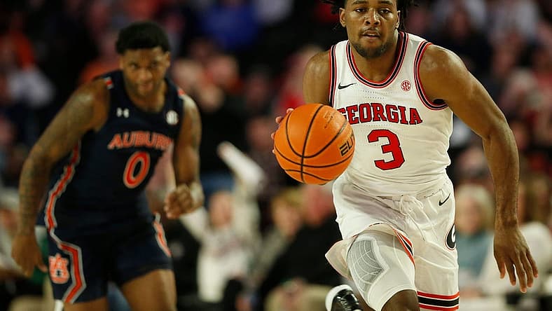 Georgia's Kario Oquendo (3) drives the ball down the court during an NCAA basketball game between Auburn and Georgia in Athens, Ga., on Saturday, Feb. 5, 2022. Auburn won 74-72.
Syndication Online Athens