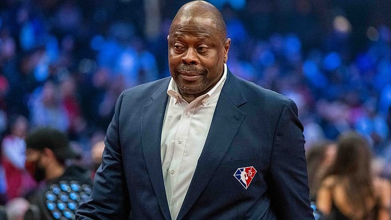 February 20, 2022; Cleveland, Ohio, USA; NBA great Patrick Ewing is honored for being selected to the NBA 75th Anniversary Team during halftime in the 2022 NBA All-Star Game at Rocket Mortgage FieldHouse. Mandatory Credit: Kyle Terada-USA TODAY Sports