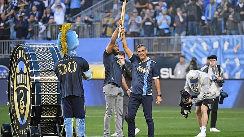 May 14, 2022; Philadelphia, Pennsylvania, USA; Villanova head coach Kyle Neptune and recently retired head coach Jay Wright atria introduced before match between New York Red Bulls and Philadelphia Union at Subaru Park. Mandatory Credit: Eric Hartline-USA TODAY Sports