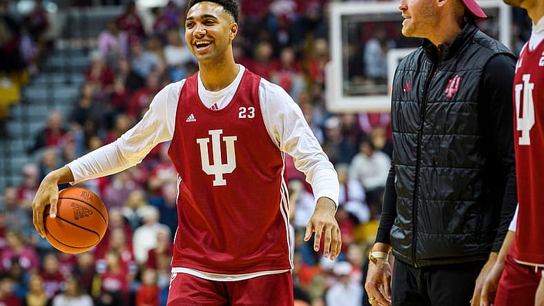 Indiana's Trayce Jackson-Davis shares a laugh with Derek Elston during Hoosier Hysteria for the basketball programs at Simon Skjodt Assembly Hall on Friday, Oct. 7, 2022.
Hoosier Hysteria Tjd Elston