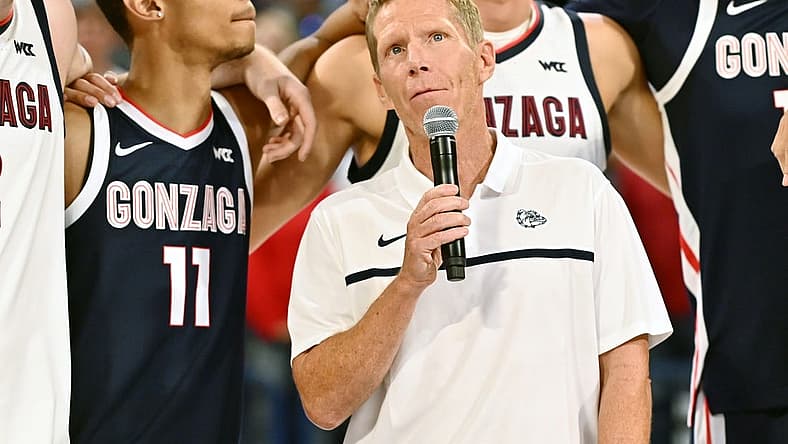 Oct 8, 2022; Spokane, WA, USA; Gonzaga Bulldogs head coach Mark Few speaks to the crowd during Craziness in the Kennel at McCarthey Athletic Center. Mandatory Credit: James Snook-USA TODAY Sports