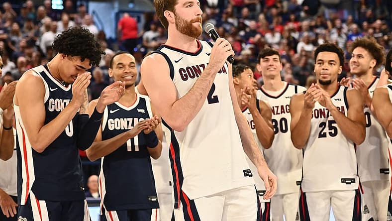 Oct 8, 2022; Spokane, WA, USA; Gonzaga Bulldogs forward Drew Timme (2) speaks to the crowd during Craziness in the Kennel at McCarthey Athletic Center. Mandatory Credit: James Snook-USA TODAY Sports