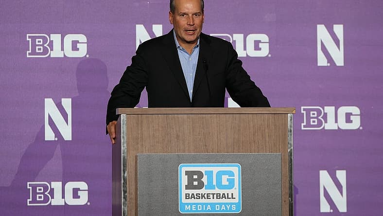 Oct 11, 2022; Minneapolis, Minnesota, US; Northwestern men s head coach Chris Collins speaks to the media during the Big Ten media days at Target Center. Mandatory Credit: Matt Krohn-USA TODAY Sports