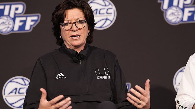 Oct 12, 2022; Charlotte, North Carolina, US; Miami coach coach Katie Meier during the ACC Women s Basketball Tip-Off in Charlotte, NC. Mandatory Credit: Jim Dedmon-USA TODAY Sports
