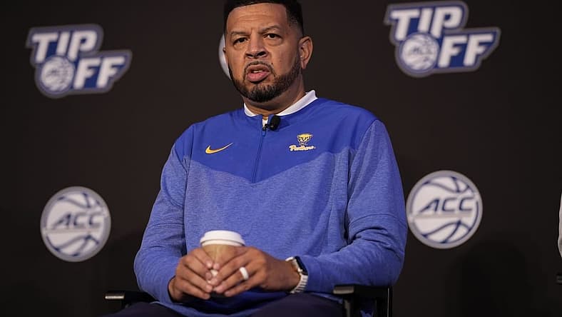 Oct 12, 2022; Charlotte, North Carolina, US; Pittsburgh coach Jeff Capel during the ACC Tip Off media day in Charlotte, NC. Mandatory Credit: Jim Dedmon-USA TODAY Sports