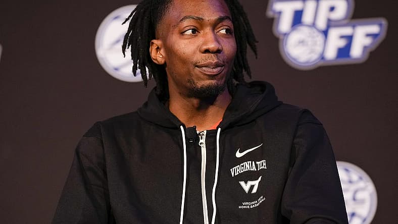 Oct 12, 2022; Charlotte, North Carolina, US; Virginia Tech player Justyn Mutts during the ACC Tip Off media day in Charlotte, NC. Mandatory Credit: Jim Dedmon-USA TODAY Sports