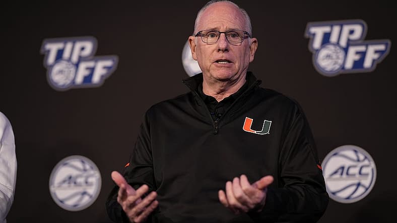 Oct 12, 2022; Charlotte, North Carolina, US; Miami Coach Jim Larranaga during the ACC Tip Off media day in Charlotte, NC.  Mandatory Credit: Jim Dedmon-USA TODAY Sports