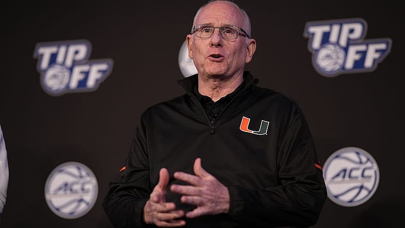 Oct 12, 2022; Charlotte, North Carolina, US; Miami Coach Jim Larranaga during the ACC Tip Off media day in Charlotte, NC. Mandatory Credit: Jim Dedmon-USA TODAY Sports
