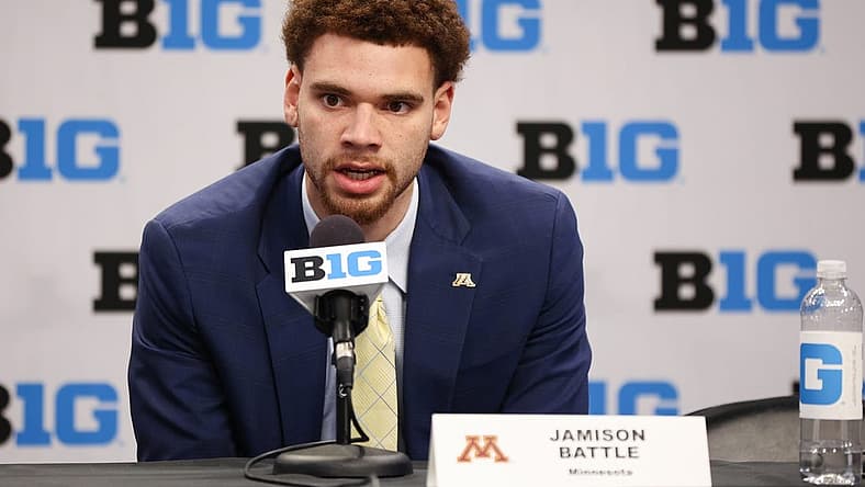 Oct 12, 2022; Minneapolis, Minnesota, US; Minnesota Golden Gophers player Jamison Battle speaks to the media during the Big Ten Basketball Media Days at Target Center. Mandatory Credit: Matt Krohn-USA TODAY Sports