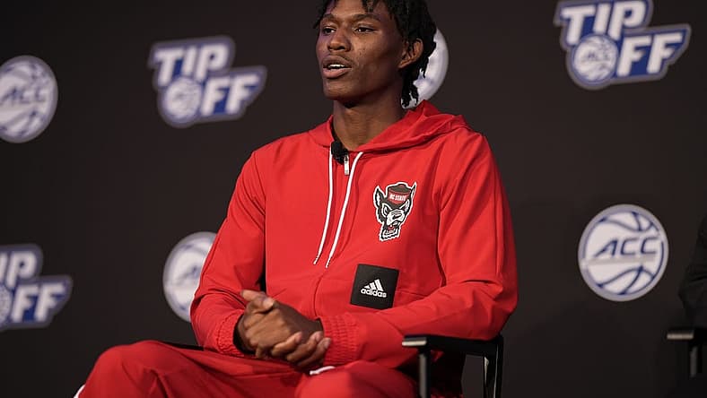 Oct 12, 2022; Charlotte, North Carolina, US; North Carolina State player Terquavion Smith during the ACC Tip Off media day in Charlotte, NC. Mandatory Credit: Jim Dedmon-USA TODAY Sports