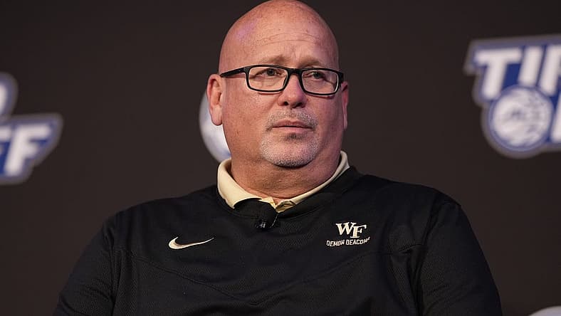 Oct 12, 2022; Charlotte, North Carolina, US; Wake Forest coach Steve Forbes during the ACC Tip Off media day in Charlotte, NC. Mandatory Credit: Jim Dedmon-USA TODAY Sports