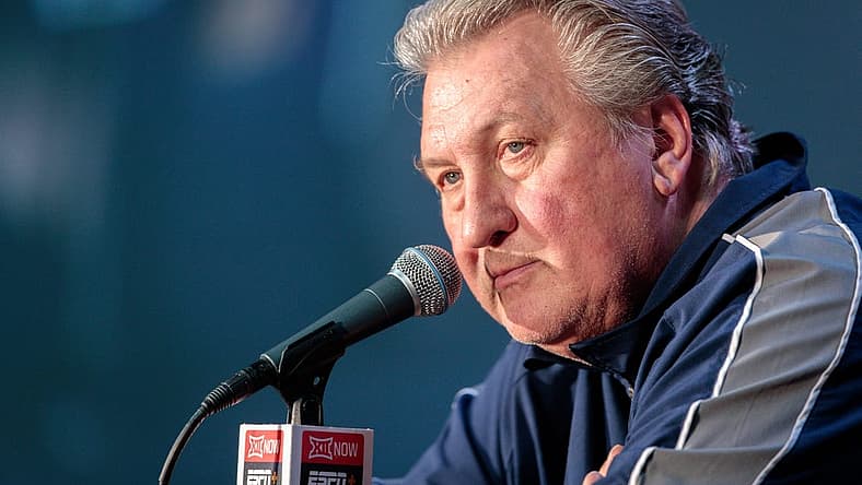 Oct 19, 2022; Kansas City, Missouri, US; West Virginia Mountaineers coach Bob Huggins is interviewed during the mens Big 12 Basketball Tipoff media day at T-Mobile Center. Mandatory Credit: William Purnell-USA TODAY Sports