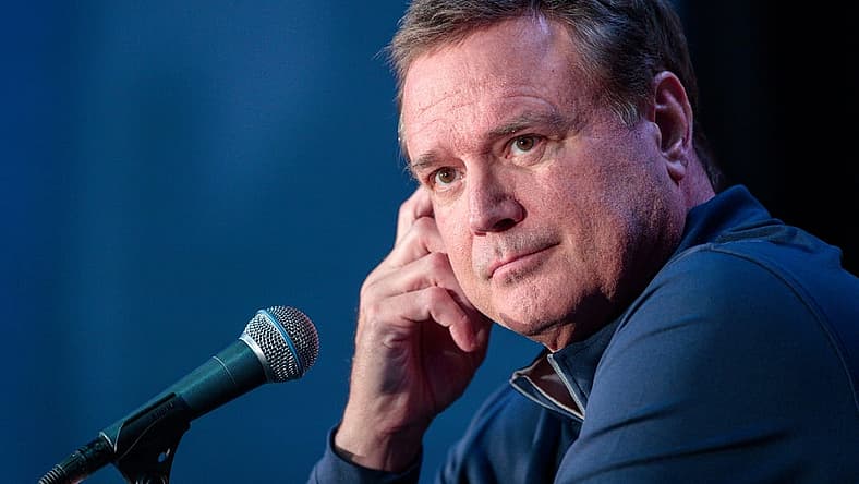 Oct 19, 2022; Kansas City, Missouri, US; Kansas Jayhawks coach Bill Self is interviewed during the mens Big 12 Basketball Tipoff media day at T-Mobile Center. Mandatory Credit: William Purnell-USA TODAY Sports