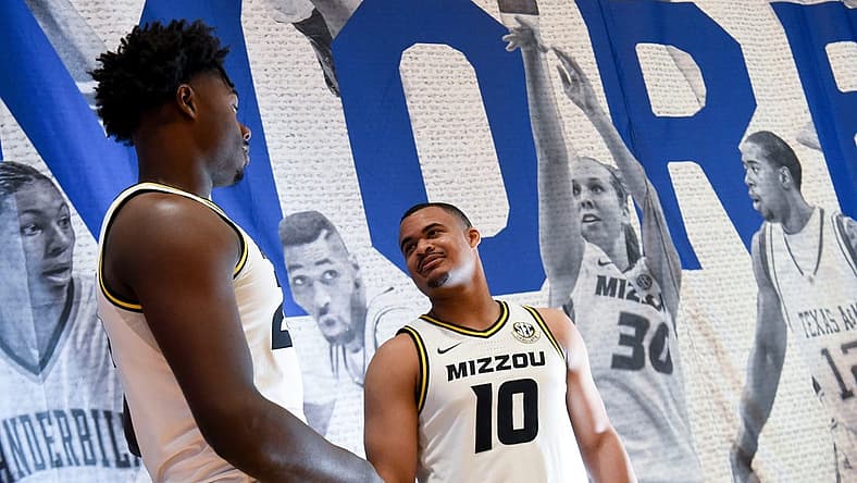 Oct 19, 2022; Mountain Brook, AL, USA; Missouri players Kobe Brown and Nick honor talk as they wait to be interviewed during the SEC Tip Off 2022-23 Men's Basketball Media Day in Mountain Brook Wednesday, Oct. 19, 2022 at Grand Bohemian Hotel.

Basketball Sec Men S Basketball Media Day