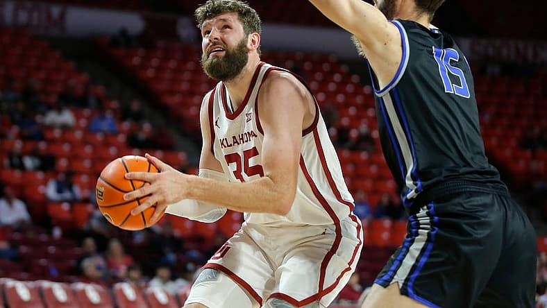Oklahoma's Tanner Groves (35) looks to take a shot beside OCU's Jack McWilliams during a college basketball exhibition game between the University of Oklahoma Sooners (OU) and the Oklahoma City University Starts (OCU) at Loyd Noble Center in Norman, Okla., Tuesday, Oct. 25, 2022.
Ou Men S Basketball