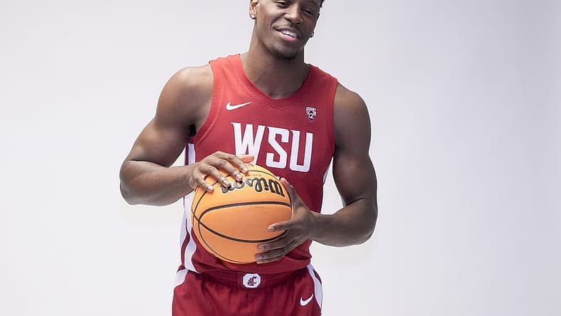 Oct 26, 2022; San Francisco, CA, USA; Washington State Cougars guard TJ Bamba (5) poses during Pac-12 Media Day at Pac-12 Network Studios. Mandatory Credit: Kirby Lee-USA TODAY Sports